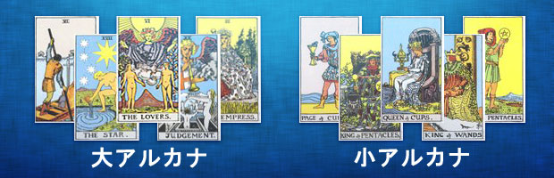 左に大アルカナのカード、右に小アルカナのカードが置かれている。